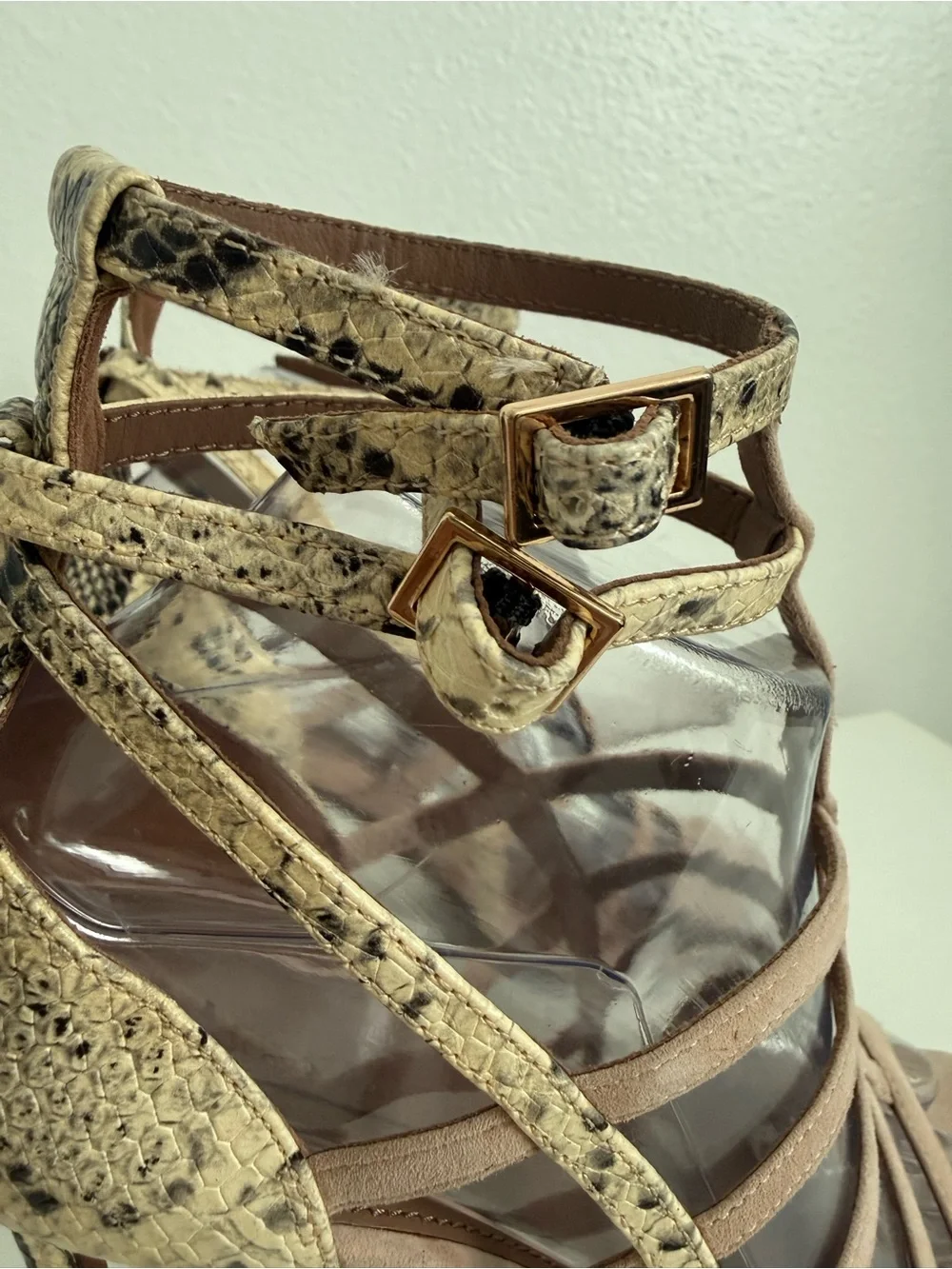 BCBGMaxAzria Nude Taupe Strappy High Heel Sandals with Snake-Print Trim